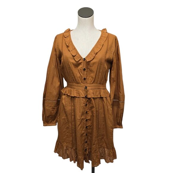 NWT Scotch & Soda Ruffled Frilled Cotton Shirt Dress Brown Size Small Prairie - Picture 1 of 10